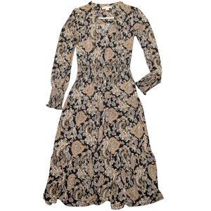Michael Kors Boho Paisley Print Stretch Midi Dress Gold Black Long Sleeve Sz XS